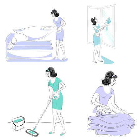 Collection. The girl washes the floor and the window in the room, makes the bed, ironing the shirt. A woman is a good wife and a neat housewife, a maid. Set of vector illustrations.のイラスト素材