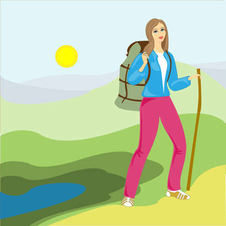 Beautiful landscape, wide horizon. A young lady with a backpack rises to the mountains. The girl smiles, the climber loves sports, hiking, conquering new peaks. Vector illustration.のイラスト素材