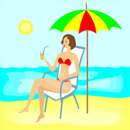 Warm summer day. A sweet lady is resting on a deckchair under an umbrella, drinking juice and sunbathing. The girl has a beautiful beautiful figure. Sand, sea, sky and sun. Vector illustration.のイラスト素材