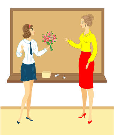 Young schoolgirl with flowers. The girl gives a bouquet to the teacher in school, in the classroom, near the board. The woman is beautiful and young. Vector illustration.のイラスト素材