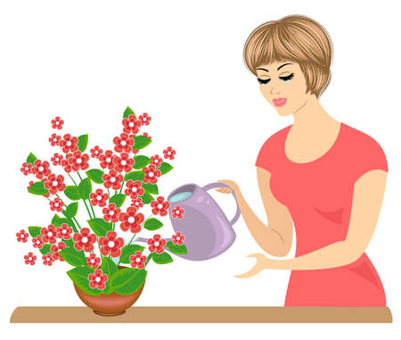 Profile of a beautiful girl. The lady is caring for the colors of the room. The woman poured them. Vector illustration.のイラスト素材
