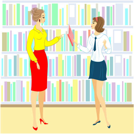 A student and teacher in the library. Lovely girl looking for books for the lesson. Next shelf of the cabinet with books. Vector illustration.のイラスト素材