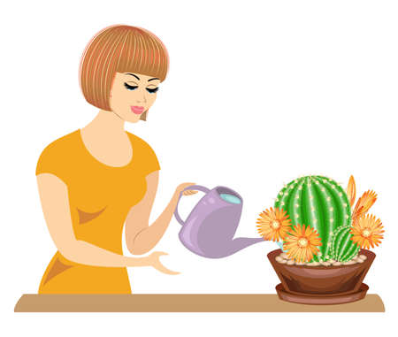 Profile of a beautiful girl. The lady cares about the colors of the room, cacti. The woman poured them out. Vector illustration.のイラスト素材