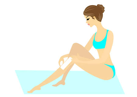 Profile of two girls. The ladies make depilation of their legs themselves. Remove the hair with a gel, wax and epilator. Vector illustration.のイラスト素材