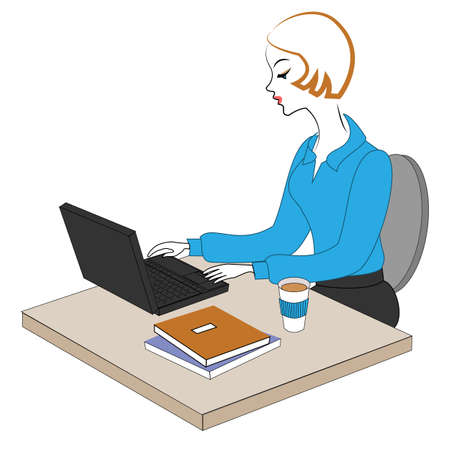 Profile of a sweet lady. Young girl at work in the office sits at a table and works at the computer. Vector illustration.のイラスト素材