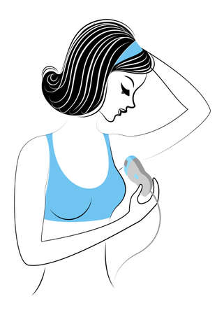 Profile of a beautiful lady. The girl makes depilation of the armpits with the epilator alone. Vector illustration.のイラスト素材