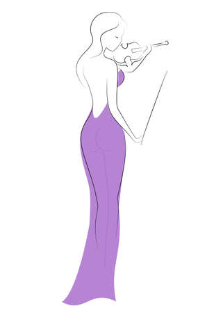 Silhouette of a beautiful lady in an evening long purple dress. The girl is slim and elegant. A woman plays the violin, she is a musician, a violinist. Vector illustration.のイラスト素材