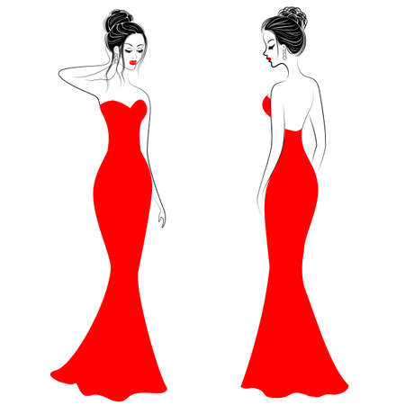 Silhouettes of cute ladies in red festive dresses. Girls show a style to be fused in front and behind. Models are slender and feminine. Vector illustration.のイラスト素材
