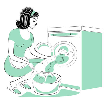 Profile of a sweet lady. The girl is washing on the washing machine, laying dirty laundry. A woman is a good wife and a neat housewife. Vector illustration.のイラスト素材