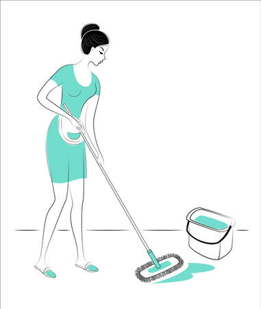 Profile of a lovely lady. The girl washes the floor in the room with a mop. A woman is a good wife, a neat housewife and a maid. Vector illustration.のイラスト素材
