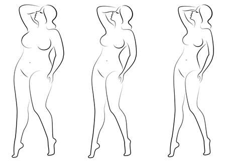 Collection. Silhouette of a beautiful woman figure. The girl is thin, the woman is overweight. The lady is standing, she is slim and sexy. Set of vector illustrations.のイラスト素材
