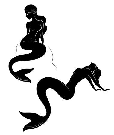 Collection. Silhouette of a mermaid. Beautiful girl lies on a rock. The lady is young and slender. Fantastic image of a fairy tale. Set of vector illustrations.のイラスト素材
