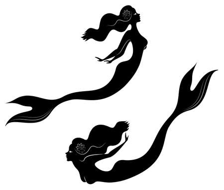 Collection. Silhouette of a mermaid. Girls bathe in a beautiful pose. The lady is young and slender. Fantastic image of a fairy tale. Set of vector illustrations.のイラスト素材