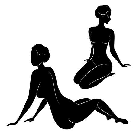 Collection. Silhouette of a sweet lady, she is sitting. The girl has a beautiful nude figure. A woman is a young sexy and slender model. Vector illustration set.のイラスト素材