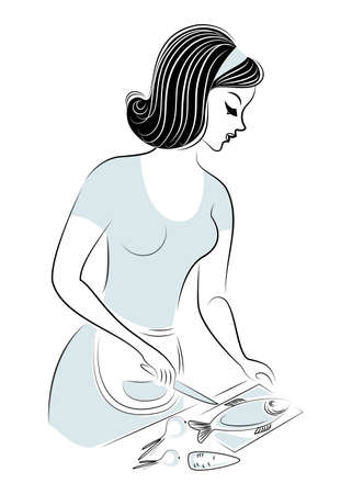 Profile of a beautiful woman. The girl prepares food, cleans fish. A woman is a good wife and a neat housewife, a maid. Vector illustration.のイラスト素材