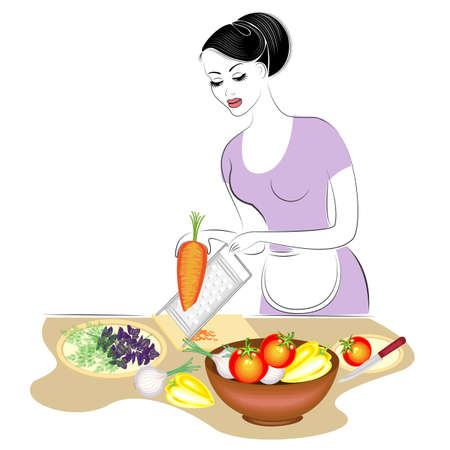 Profile of a beautiful lady. The girl is preparing food. She sets the table, rubs carrots on a plate, cuts vegetables, greens. A woman is a good housewife. Vector illustration.のイラスト素材