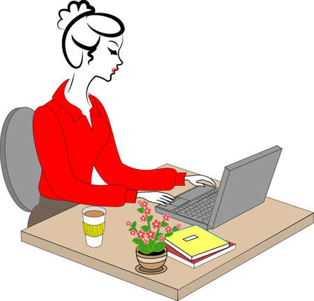 Profile of a sweet lady. Young girl at work in the office sits at a table and works at the computer. Vector illustrationのイラスト素材