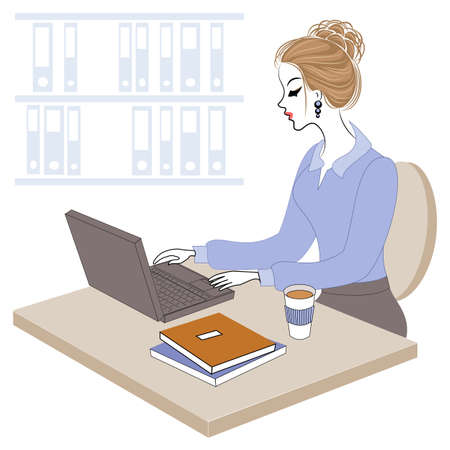 Profile of a sweet lady. Young girl at work in the office sits at a table and works at the computer. Vector illustrationのイラスト素材