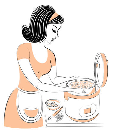 Profile of a beautiful lady. The girl is preparing a food for the multi-cooker. A woman is a good housewife and a cook. Vector illustration.のイラスト素材