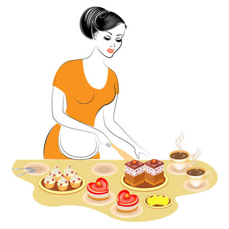 Profile of a beautiful lady. The girl is preparing food. Prepares a sweet festive table with a cake and tea or coffee. A woman is a good housewife. Vector illustration.のイラスト素材
