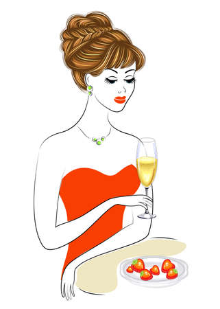 A beautiful lady is sitting at the table. The girl is holding a glass of champagne wine. Fresh strawberry on a plate. A young and beautiful woman. Vector illustration.のイラスト素材