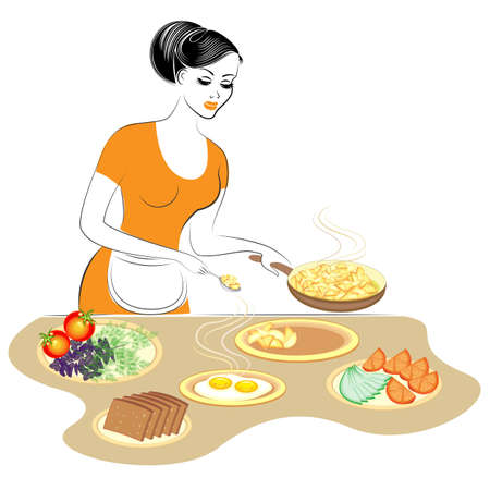 Profile of a beautiful lady. The girl is preparing food. She sets the table, pours fried potatoes, eggs, vegetables. A woman is a good housewife. Vector illustration.のイラスト素材