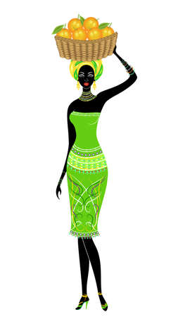 A slender African-American lady. A girl is carrying a basket on her head with oranges. The woman is beautiful and young. Vector illustration.のイラスト素材