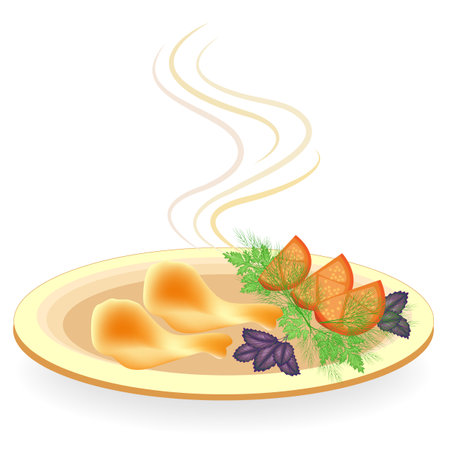 On the plate is the drumstick of chicken meat. Garnish potatoes with tomato, greens dill, basil and parsley. Tasty and nutritious food. Vector illustration.のイラスト素材