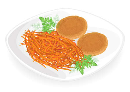 Meat cutlets on a plate. Garnish Korean carrot. Dill and parsley leaves. Delicious, tasty and nutritious food. Vector illustration.のイラスト素材