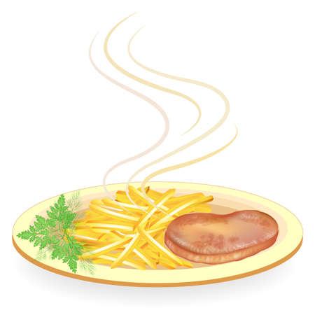 On a plate of hot fried meat steak. Garnish the fried potatoes. Delicious and nutritious food for breakfast, lunch and dinner. Vector illustration.のイラスト素材