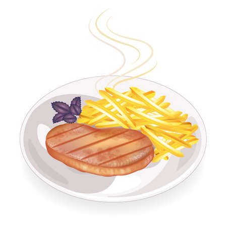 On a plate of hot fried meat steak. Garnish the fried potatoes. Delicious and nutritious food for breakfast, lunch and dinner. Vector illustration.のイラスト素材