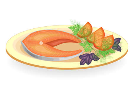 A steak of red fish grilled on a plate. Garnish the cucumber. tomato, onion, parsley, dill and basil. Tasty, delicious and nutritious food. Vector illustration.のイラスト素材