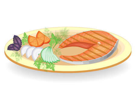 A steak of red fish grilled on a plate. Garnish the cucumber. tomato, onion, parsley, dill and basil. Tasty, delicious and nutritious food. Vector illustration.のイラスト素材