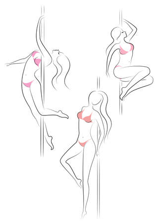 Collection. Silhouette of a sweet lady, she dances on a pylon. The girl has a beautiful figure in a bikini. The woman is young and slim. Vector illustration set.のイラスト素材