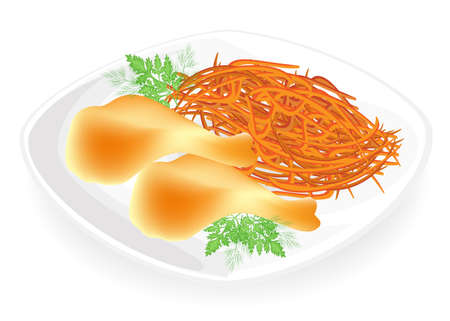 Chicken meat on a plate, drumstick. Garnish Korean carrot. Dill and parsley leaves. Delicious, tasty and nutritious food. Vector illustration.のイラスト素材