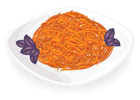 Spicy Korean carrot salad. Basil leaves decorate. Delicious, fresh food. Vector illustration.のイラスト素材
