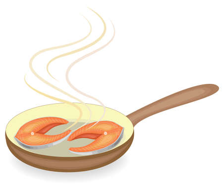 A steak of red fish is fried in a hot frying pan. Delicious, refined and nutritious food for breakfast, lunch and dinner. Vector illustration.のイラスト素材
