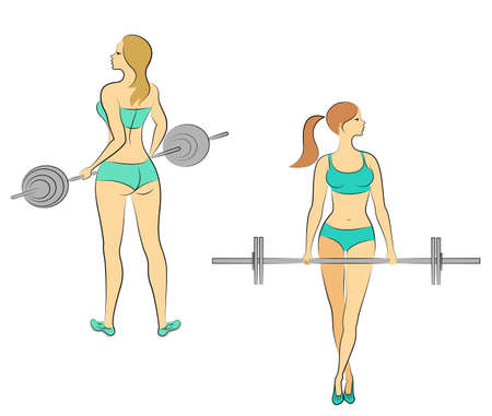 Collection. Silhouettes of lovely ladies. Girls are engaged in fitness, raise the bar. Women are young and slender. with beautiful figures. Vector illustration set.のイラスト素材