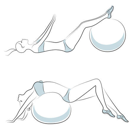 Collection. Silhouette of a sweet lady. The girl is engaged in fitness. Fitball simulator. The woman is young and slender, with a beautiful figure. Set of vector illustrations.のイラスト素材