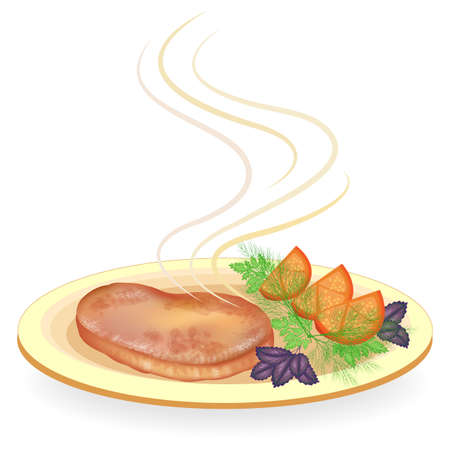 On a plate of hot fried meat steak. Garnish slices of tomato, dill greens, parsley and basil. Delicious and nutritious food for breakfast, lunch and dinner. Vector illustration.のイラスト素材