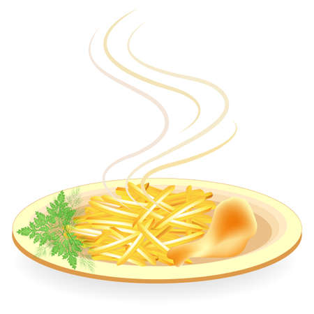 On the plate is the drumstick of chicken meat. Garnish fried potatoes with tomato, greens dill and parsley. Tasty and nutritious food. Vector illustration.のイラスト素材