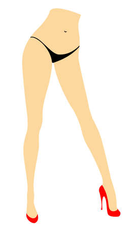 Silhouette figure of a lady in a bikini. Slender legs of a young girl in red shoes. The woman is coming. Feet well-groomed, beautiful silky skin. Vector illustration.のイラスト素材