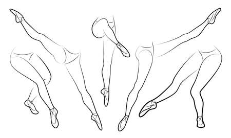 Collection. Silhouette of beautiful slender female legs in pointe. Duvushka is a ballerina, a lady dances, stands, makes ballet figures. Vector illustration set.のイラスト素材