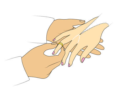 The hands of newlyweds at the wedding. A man wears an engagement ring to a girl. Vector illustration.のイラスト素材