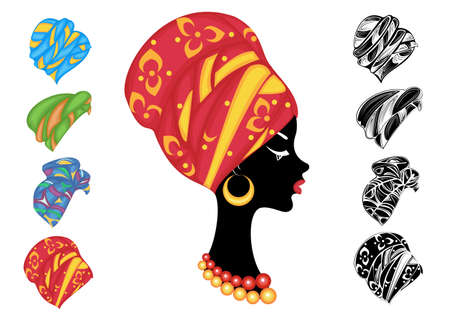 Silhouette of a head of a sweet lady. A bright shawl, a turban, tied to the head of an African-American girl. The woman is beautiful and stylish. Set of vector illustrations.のイラスト素材