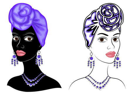 Collection. Head of the sweet lady. On the head of an African-American girl is a bright bright scarf and turban. The woman is beautiful and stylish. Vector illustration set.のイラスト素材