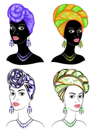 Silhouette of a head of a sweet lady. A bright shawl, a turban is tied on the head of an African-American girl. The woman is beautiful and stylish. Set of vector illustrations.のイラスト素材