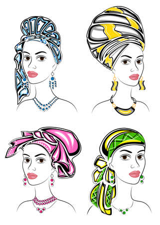 Collection. Silhouette of a head of a sweet lady. A bright shawl, a turban, tied to the head of an African-American girl. The woman is beautiful and stylish. Set of vector illustrations.のイラスト素材