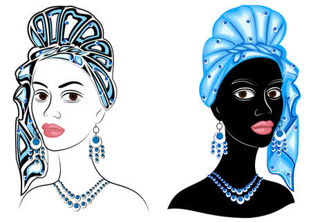 Collection. Head of the sweet lady. On the head of an African-American girl is a bright bright scarf and turban. The woman is beautiful and stylish. Vector illustration set.のイラスト素材