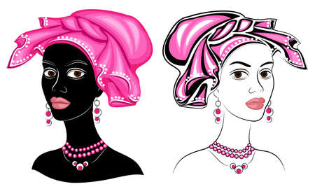 Collection. Head of the sweet lady. On the head of an African-American girl is a bright bright scarf and turban. The woman is beautiful and stylish. Vector illustration set.のイラスト素材
